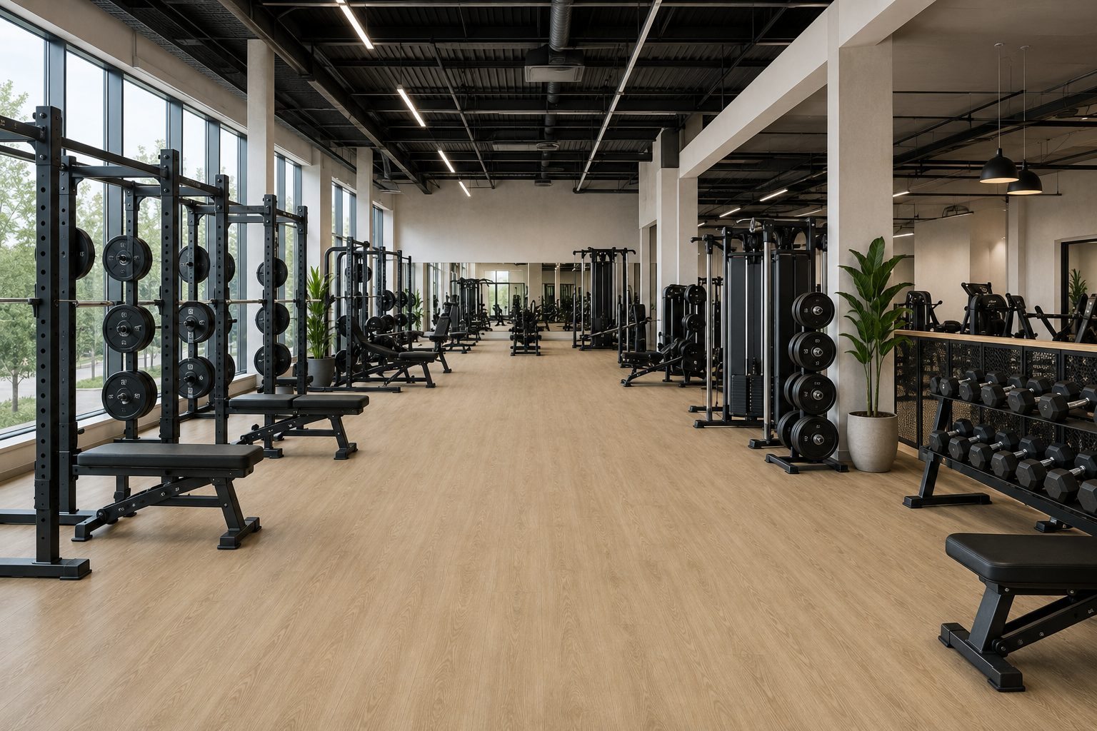 gym with machines and weight areas sitting atop eco-tek's multi-flex gym tiles laid in colour oak wood effect